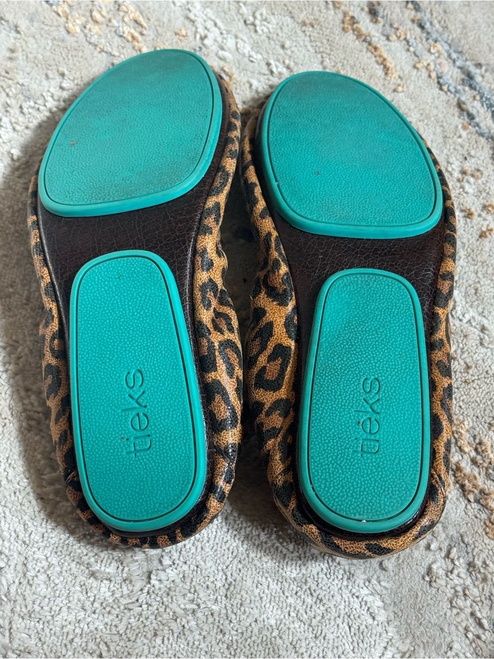 Tieks Leopard Print Ballet Flats in Brown with Teal Accent - Picture 3 of 5